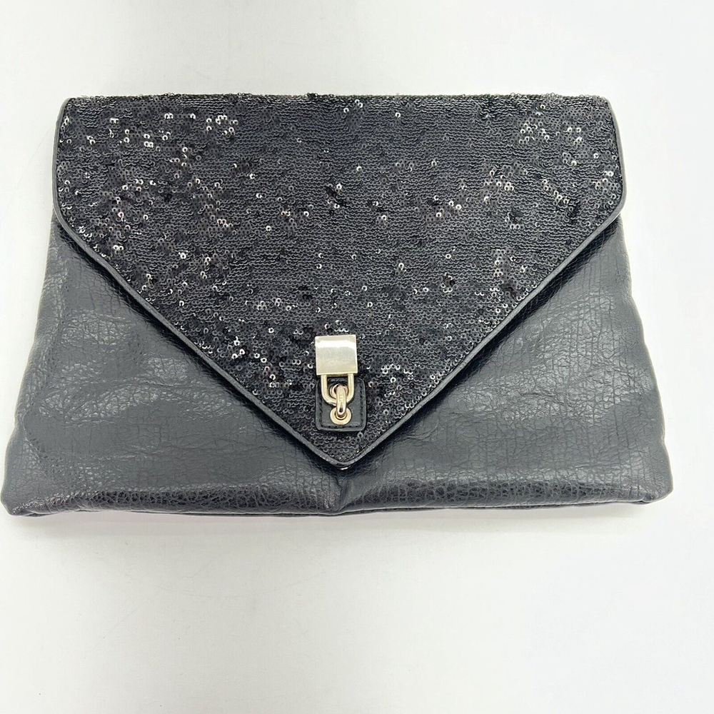 Alexis Hudson Black Leather Sequined Clutch Purse Handbag Faux Lock